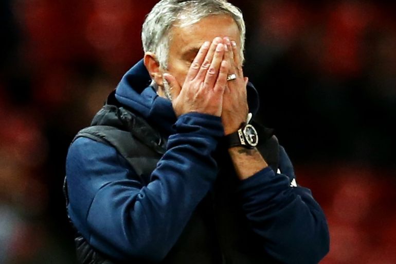 MANCHESTER, ENGLAND - SEPTEMBER 25: Jose Mourinho, Manager of Manchester United reacts during the Carabao Cup Third Round match between Manchester United and Derby County at Old Trafford on September 25, 2018 in Manchester, England. (Photo by Jan Kruger/Getty Images)