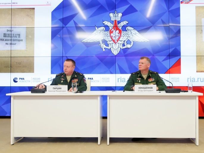 Chief of the directorate of media service and information of the Russian Defence Ministry, Major-General Igor Konashenkov (R) and head of the Main Missile and Artillery Directorate of the Russian Defence Ministry Lieutenant-General Nikolai Parshin attend a news conference, dedicated to the crash of the Malaysia Airlines Boeing 777 plane operating flight MH17 downed in eastern Ukraine in 2014, in Moscow, Russia September 17, 2018. REUTERS/Maxim Shemetov