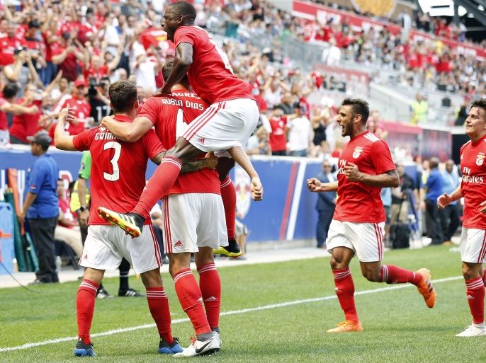 HARRISON, NJ - JULY 28: Alejandro Grimaldo #3 of Benfica celebrates scoring a goal with teammates against Juventus during the International Champions Cup 2018 match between Benfica and Juventus at Red Bull Arena on July 28, 2018 in Harrison, New Jersey. Adam Hunger/Getty Images/AFP== FOR NEWSPAPERS, INTERNET, TELCOS & TELEVISION USE ONLY ==