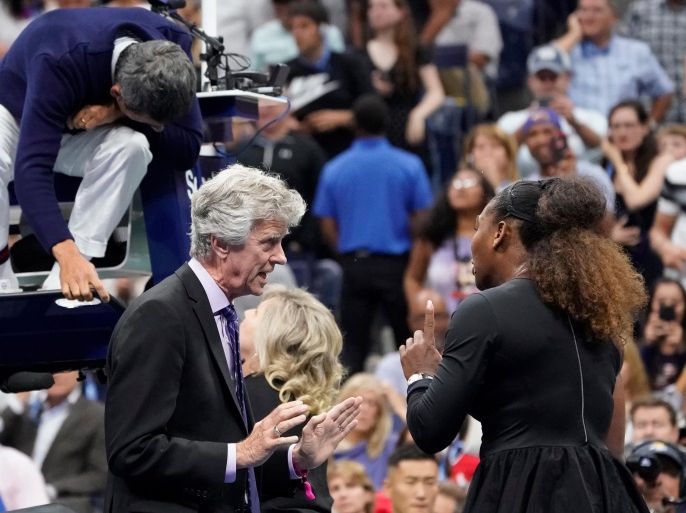 Sept 8, 2018; New York, NY, USA; Serena Williams of the USA argues tournament official Brian Earley while playing Naomi Osaka of Japan in the women’s final on day thirteen of the 2018 U.S. Open tennis tournament at USTA Billie Jean King National Tennis Center. Mandatory Credit: Robert Deutsch-USA TODAY Sports