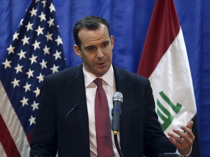 Brett McGurk, President Barack Obama's envoy to the U.S.-led coalition fighting the Islamic State group, speaks to during news conference at the U.S. Embassy in Baghdad, Iraq, March 5, 2016. REUTERS/Hadi Mizban/Pool
