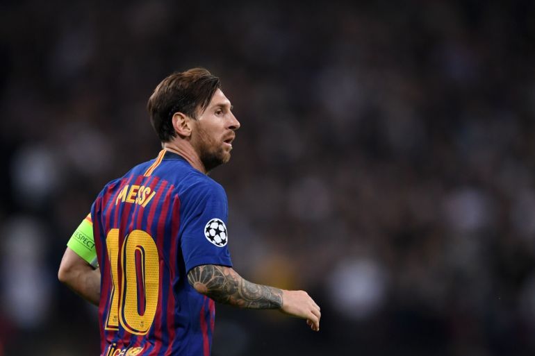 LONDON, ENGLAND - OCTOBER 03: Lionel Messi of Barcelona looks on during the Group B match of the UEFA Champions League between Tottenham Hotspur and FC Barcelona at Wembley Stadium on October 03, 2018 in London, United Kingdom. (Photo by Laurence Griffiths/Getty Images)