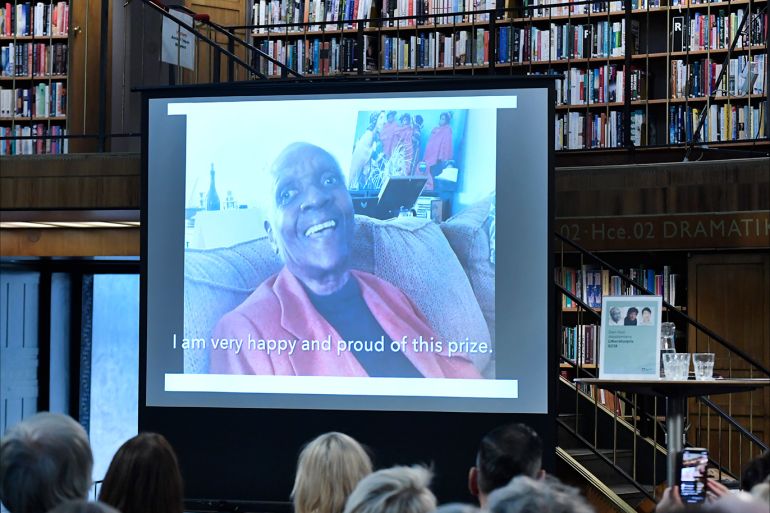 epa07088238 Maryse Conde, author from Guadeloupe living in Paris, is awarded the New Academy's Literature Prize and participates via link at the announcement at Stockholm City Library, Stockholm, Sweden, 12 October 2018. EPA-EFE/Janerik Henriksson SWEDEN OUT