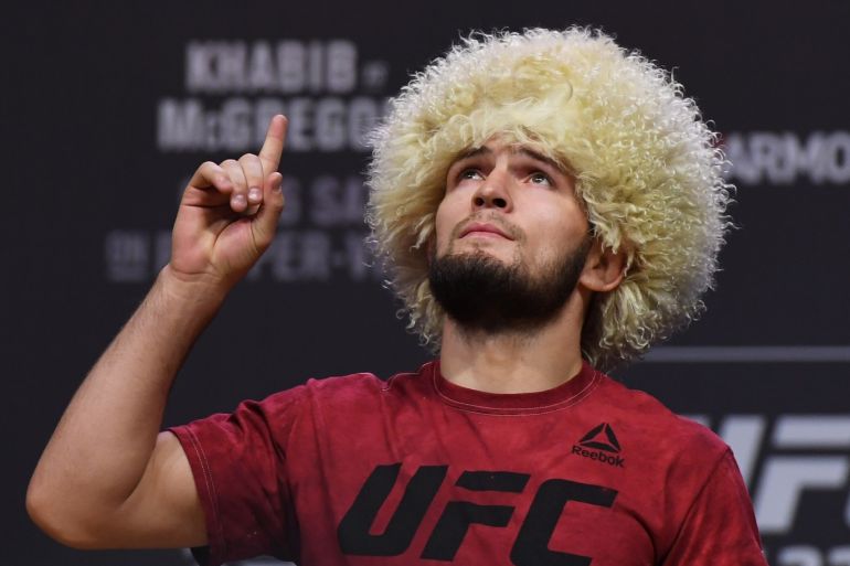 LAS VEGAS, NEVADA - OCTOBER 05: UFC lightweight champion Khabib Nurmagomedov poses during a ceremonial weigh-in for UFC 229 at T-Mobile Arena on October 05, 2018 in Las Vegas, Nevada. Nurmagomedov will defend his title against Conor McGregor at UFC 229 on October 6 at T-Mobile Arena in Las Vegas. Ethan Miller/Getty Images/AFP== FOR NEWSPAPERS, INTERNET, TELCOS & TELEVISION USE ONLY ==