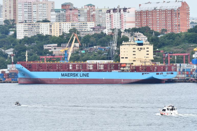 The Venta Maersk in the Russian port of Vladivostok as it prepares to set off on its Arctic voyage, Russia August 22, 2018. Picture taken August 22, 2018. REUTERS/Yuri Maltsev