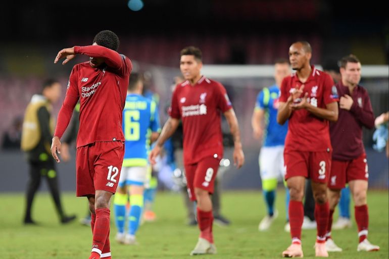 NAPLES, ITALY - OCTOBER 03: Joe Gomez player of Liverpool show his disappointment after the Group C match of the UEFA Champions League between SSC Napoli and Liverpool at Stadio San Paolo on October 3, 2018 in Naples, Italy. (Photo by Francesco Pecoraro/Getty Images)