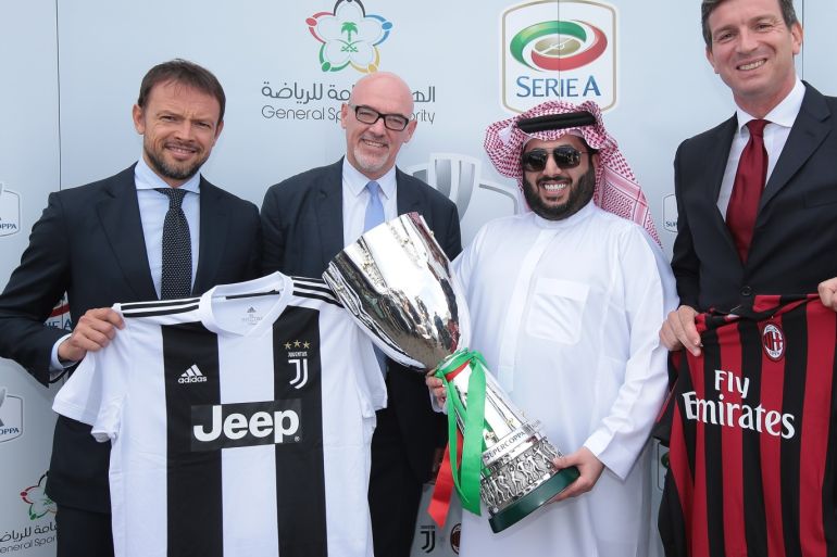 ZURICH, SWITZERLAND - JUNE 06: H.E. Turki Al Sheik (2nd R), Chairman of the General Sport Authority - Kingdom of Saudi Arabia poses with the trophy with Lega Serie A CEO Marco Brunelli (2nd L) Giorgio Ricci (L) of Juventus and Fabio Guadagnini (R) of AC Milan during the unveling of partnership between Lega Serie A and Saudi Arabia on June 6, 2018 in Zurich, Switzerland. Saudi Arabia will host the Italian Supercup for the next three years. (Photo by Emilio Andreoli/Getty Images)