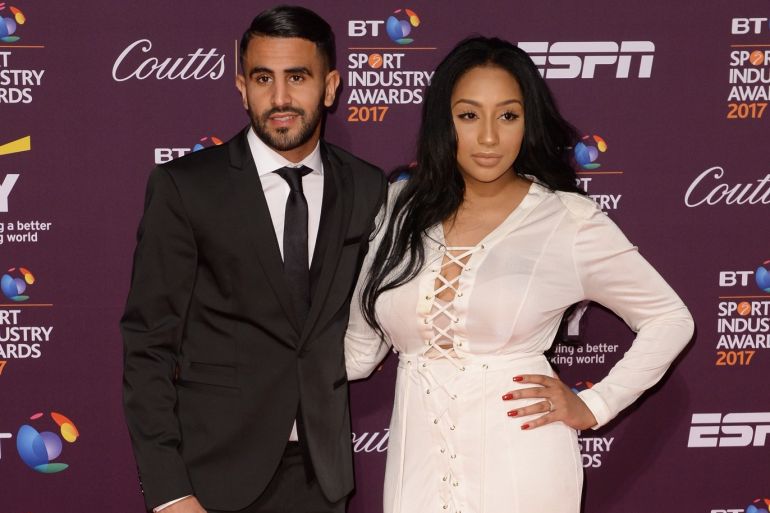 LONDON, ENGLAND - APRIL 27: Riyad Mahrez and wife Rita pose on the red carpet during the BT Sport Industry Awards 2017 at Battersea Evolution on April 27, 2017 in London, England. The BT Sport Industry Awards is the most prestigious commercial sports awards ceremony in Europe, where over 1,750 of the industry's key decision-makers mix with high profile sporting celebrities for the industry's most anticipated night of the sport business calendar. (Photo by Anthony Harvey/Getty Images for Sport Industry Awards)