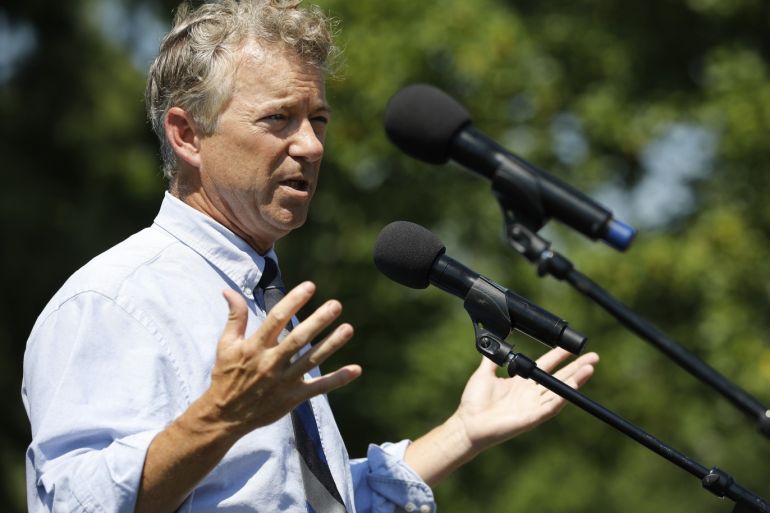 WASHINGTON, DC - July 10: Sen. Rand Paul (R-KY) speaks during a rally calling for criminal justice reform outside the U.S. Capitol July 10, 2018 in Washington, DC. Demonstrators and members are calling for the passage of the First Steps Act. Aaron P. Bernstein/Getty Images/AFP== FOR NEWSPAPERS, INTERNET, TELCOS & TELEVISION USE ONLY ==