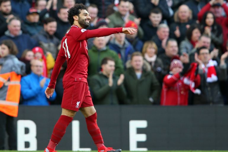 LIVERPOOL, ENGLAND - NOVEMBER 11: Mohamed Salah of Liverpool celebrates after scoring his team's first goal during the Premier League match between Liverpool FC and Fulham FC at Anfield on November 11, 2018 in Liverpool, United Kingdom. (Photo by Alex Livesey/Getty Images)