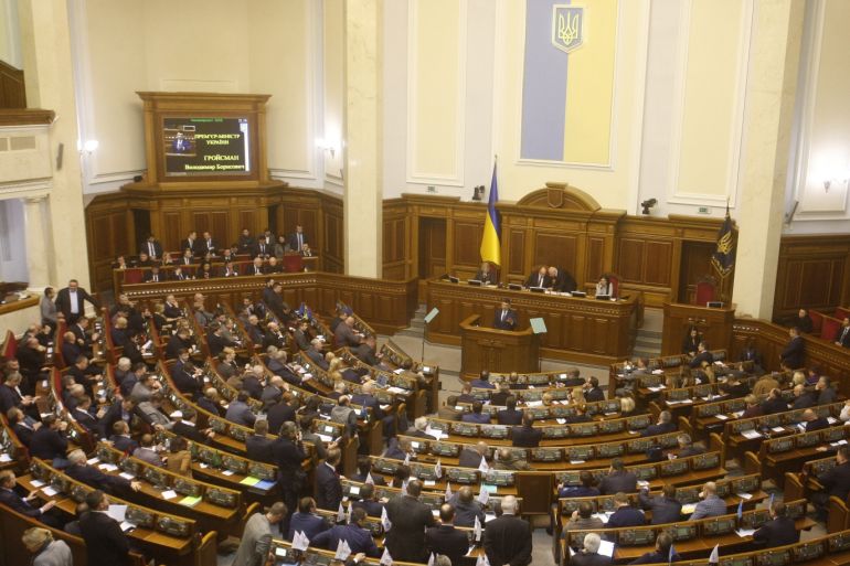 Ukrainian Parliament approves martial law for 30 days - - KIEV, UKRAINE - NOVEMBER 26: Lawmakers gather for emergency session of Ukrainian Parliament in Kiev, Ukraine, on November 26, 2018. Ukraine’s parliament approved a 30-day presidential martial law decree amid a serious row with Russia. The decree imposes martial law in areas of the country seen as most vulnerable to attack from its giant neighbor, Russia, including coastal and border regions.
