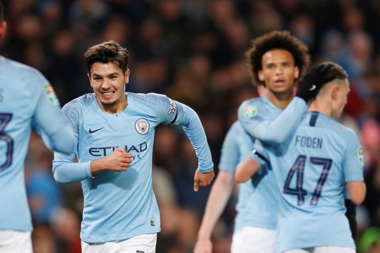 Soccer Football - Carabao Cup Fourth Round - Manchester City v Fulham - Etihad Stadium, Manchester, Britain - November 1, 2018 Manchester City's Brahim Diaz celebrates scoring their second goal with team mates Action Images via Reuters/Craig Brough