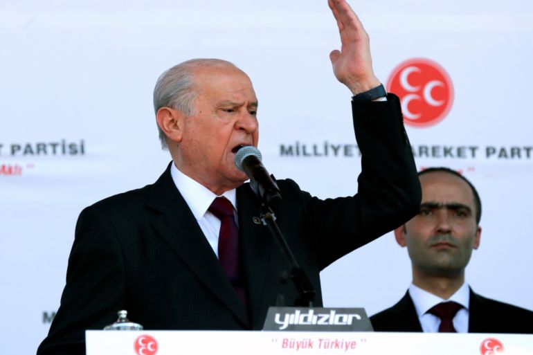 Devlet Bahceli, leader of Nationalist Movement Party (MHP), addresses his supporters during an election rally in Ankara, Turkey June 23, 2018. REUTERS/Stoyan Nenov