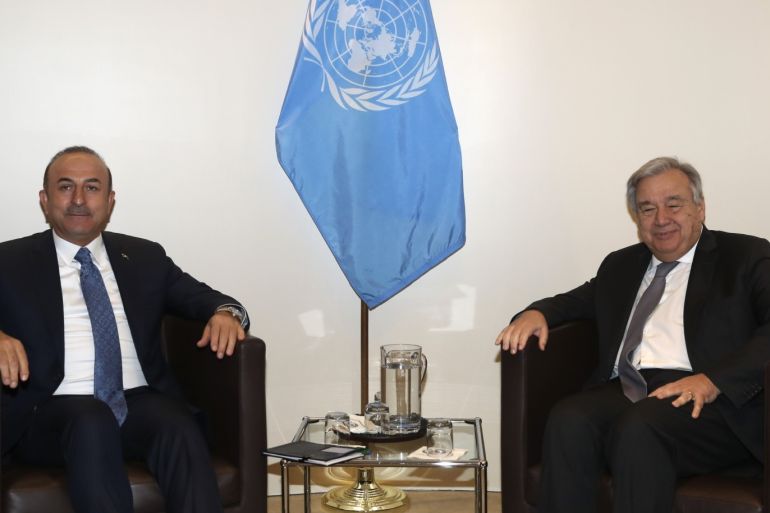 Mevlut Cavusoglu - Antonio Guterres in New York- - NEW YORK, USA - NOVEMBER 19: Turkish Foreign Affairs Minister Mevlut Cavusoglu (L) meets UN Secretary-General Antonio Guterres (R) in New York, United States on November 19, 2018.