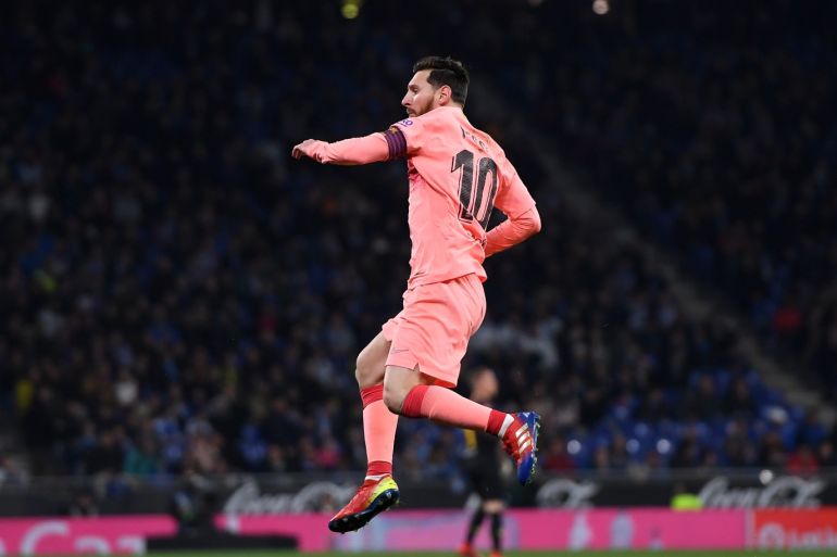 BARCELONA, SPAIN - DECEMBER 08: Lionel Messi of Barcelona celebrates after scoring his team's first goal during the La Liga match between RCD Espanyol and FC Barcelona at RCDE Stadium on December 8, 2018 in Barcelona, Spain. (Photo by Alex Caparros/Getty Images)