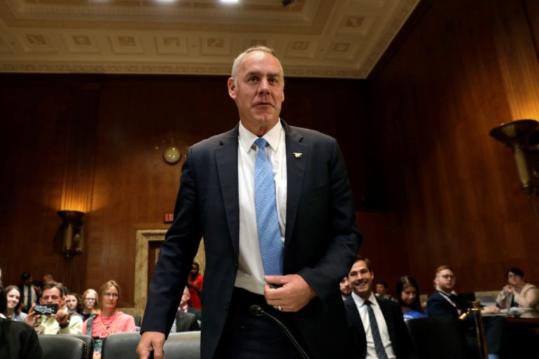 Interior Secretary Ryan Zinke before a Senate Appropriations Interior, Environment and Related Agencies Subcommittee hearing on the FY2019 funding request and budget justification for the Interior Department, on Capitol Hill in Washington, U.S., May 10, 2018. REUTERS/Yuri Gripas