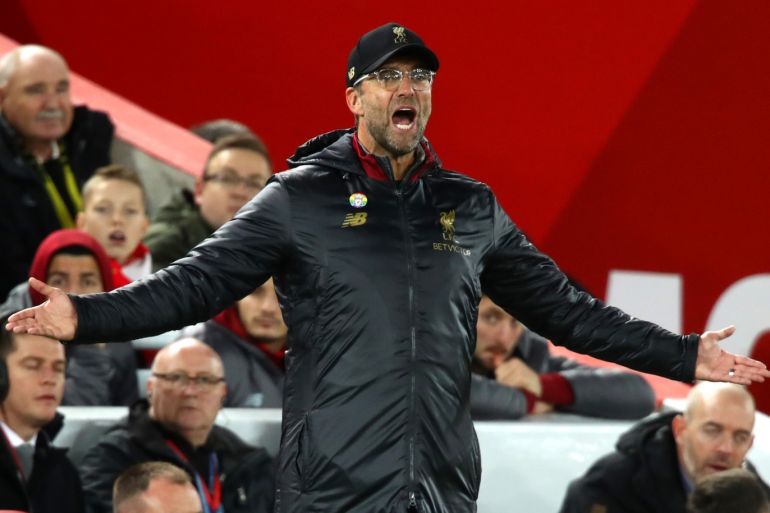 LIVERPOOL, ENGLAND - DECEMBER 02: Jurgen Klopp, Manager of Liverpool gestures during the Premier League match between Liverpool FC and Everton FC at Anfield on December 2, 2018 in Liverpool, United Kingdom. (Photo by Clive Brunskill/Getty Images)