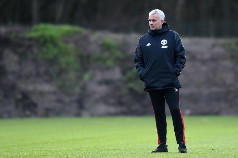 MANCHESTER, ENGLAND - DECEMBER 11: Jose Mourinho, Manager of Manchester United looks on during a training session ahead of their UEFA Champions League Group H match against Valencia at Aon Training Complex on December 11, 2018 in Manchester, England. (Photo by Nathan Stirk/Getty Images)