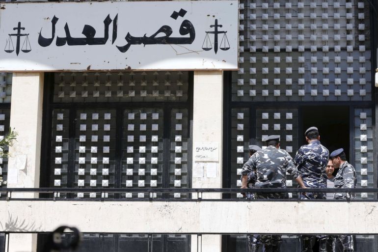 Lebanese police stand outside the Justice Palace in Beirut, Lebanon, April 13, 2016. REUTERS/Mohamed Azakir