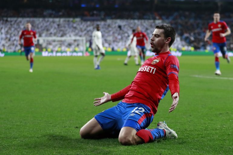 MADRID, SPAIN - DECEMBER 12: Georgi Schennikov of CSK Moscow celebrates after scoring his team's second goal during the UEFA Champions League Group G match between Real Madrid and CSKA Moscow at Bernabeu on December 12, 2018 in Madrid, Spain. (Photo by Gonzalo Arroyo Moreno/Getty Images)