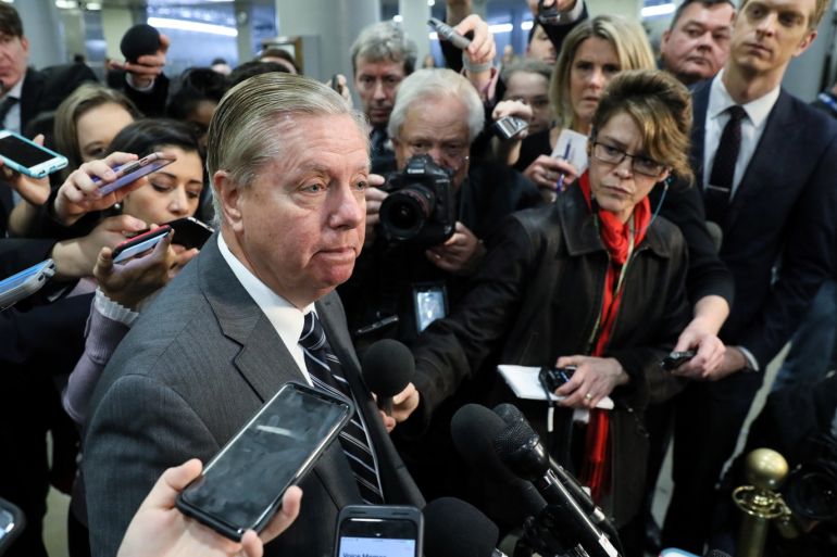U.S. Senator Lindsey Graham (R-SC) speaks to reporters after attending a closed-door briefing, on the death of the journalist Jamal Khashoggi, by Central Intelligence Agency (CIA) Director Gina Haspel at the U.S. Capitol in Washington, U.S., December 4, 2018. REUTERS/Jonathan Ernst