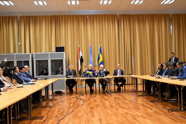 Yemen peace talks start in Sweden- - STOCKHOLM, SWEDEN - DECEMBER 6: Foreign Minister of Sweden Margot Wallstrom (C-2nd L) and UN special envoy to Yemen Martin Griffiths (C- 2nd R) attend a press conference during the opening session of Yemen peace talks in Rimbo town of Stockholm, Sweden, on December 6, 2018.