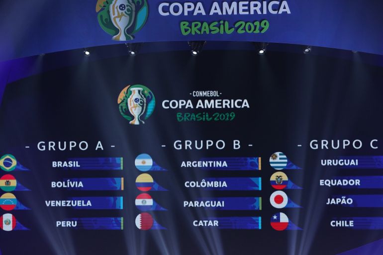 RIO DE JANEIRO, BRAZIL - JANUARY 24: Final groups for Copa America 2019 are displayed on the big screen during the Copa America 2019 Official Draw at Cidade das Artes on January 24, 2019 in Rio de Janeiro, Brazil. (Photo by Buda Mendes / Getty Images)