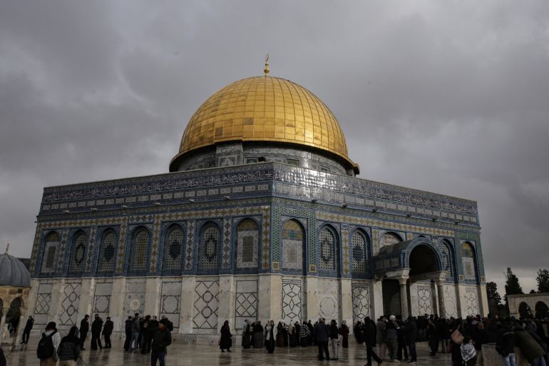 Al-Aqsa Mosque reopens after ‘Jewish cap’ tension- - JERUSALEM - JANUARY 14: Palestinian Muslims gather in front of the Dome of the Rock after the mosque reopened in Jerusalem on January 14, 2019.