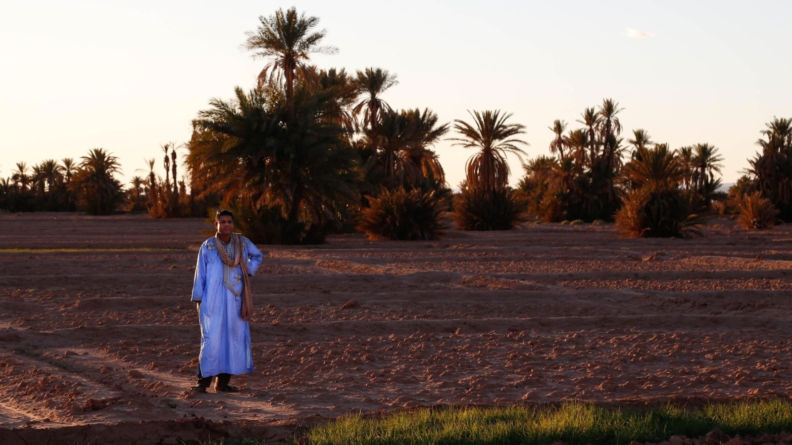 حليم صابي منسق أنشطة ثقافية في المغرب، يقف قريبا من إحدى الواحات التي تأثرت بفعل التغير المناخي (الجزيرة)