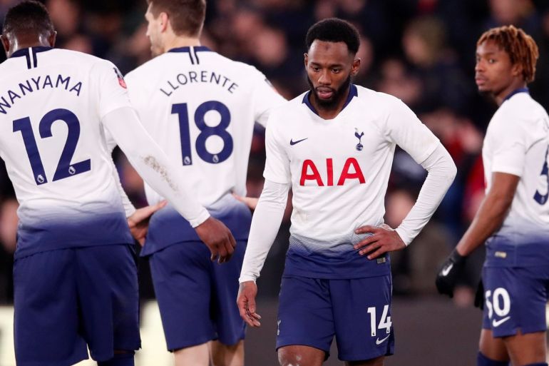 Soccer Football - FA Cup Fourth Round - Crystal Palace v Tottenham Hotspur - Selhurst Park, London, Britain - January 27, 2019 Tottenham's Georges-Kevin N'Koudou, Kazaiah Sterling and team mates react after the match REUTERS/David Klein
