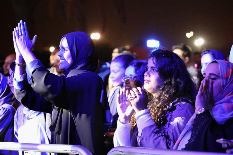epa06555638 Saudi women cheer as they attend the country's first Jazz festival at the Intercontinental of Riyadh, Saudi Arabia, 22 February 2018. The Jazz festival started 22 February and is due to last three days. Shortly after announcing the building of the country's first Opera House in Jeddah on 22 February, the Saudi Entertainment General Authority announced that it plans to invest some 64 Billion USD in the entertainment sector over the coming decade. Concerts had been banned for about 20 years in Saudi Arabia. EPA-EFE/AMEL PAIN