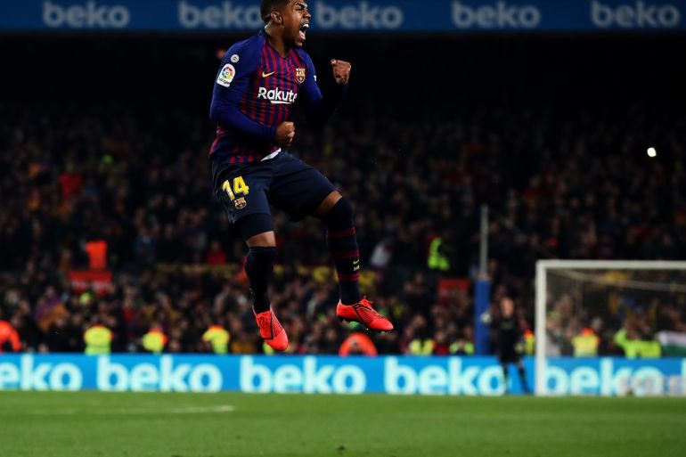 Barcelona v Real Madrid - Copa del Rey- - BARCELONA, SPAIN - FEBRUARY 6: Barcelona's Brazilian forward Malcom Filipe celebrates after scoring a goal during Spanish Copa del Rey football match between FC Barcelona and Real Madrid at the Camp Nou stadium in Barcelona on February 6, 2019.