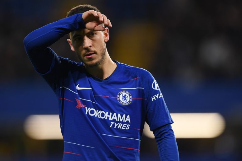 LONDON, ENGLAND - FEBRUARY 18: Eden Hazard of Chelsea reacts during the FA Cup Fifth Round match between Chelsea and Manchester United at Stamford Bridge on February 18, 2019 in London, United Kingdom. (Photo by Mike Hewitt/Getty Images)