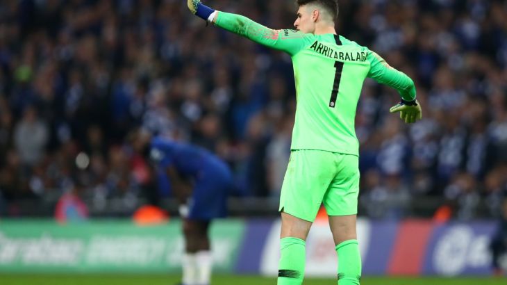 LONDON, ENGLAND - FEBRUARY 24: Kepa Arrizabalaga of Chelsea reacts as he refuses to be substituted during the Carabao Cup Final between Chelsea and Manchester City at Wembley Stadium on February 24, 2019 in London, England. (Photo by Clive Rose/Getty Images)