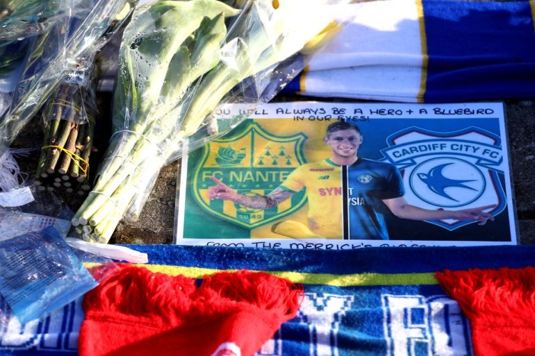 CARDIFF, WALES - FEBRUARY 02: Tributes to Emiliano Sala are seen outside the stadium prior to the Premier League match between Cardiff City and AFC Bournemouth at Cardiff City Stadium on February 2, 2019 in Cardiff, United Kingdom. (Photo by Michael Steele/Getty Images)