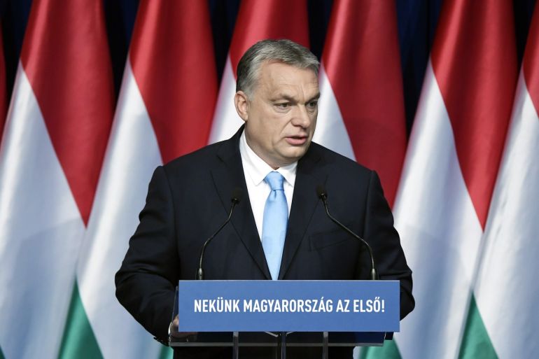 رئيس وزراء المجر فيكتور أوربان يلقي خطاب "حالة الأمة" السنوي في بودابست يوم الأحد 10 فبراير شباط 2019 (الأوروبية)