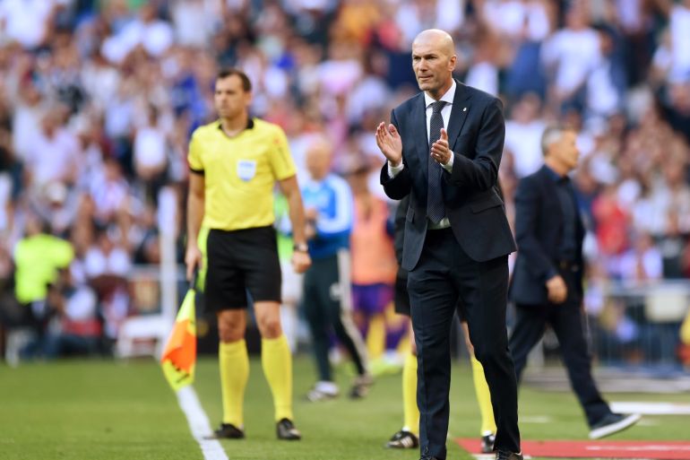 MADRID, SPAIN - MARCH 16: Zinedine Zidane, Manager of Real Madrid reacts during the La Liga match between Real Madrid CF and RC Celta de Vigo at Estadio Santiago Bernabeu on March 16, 2019 in Madrid, Spain. (Photo by Denis Doyle/Getty Images)