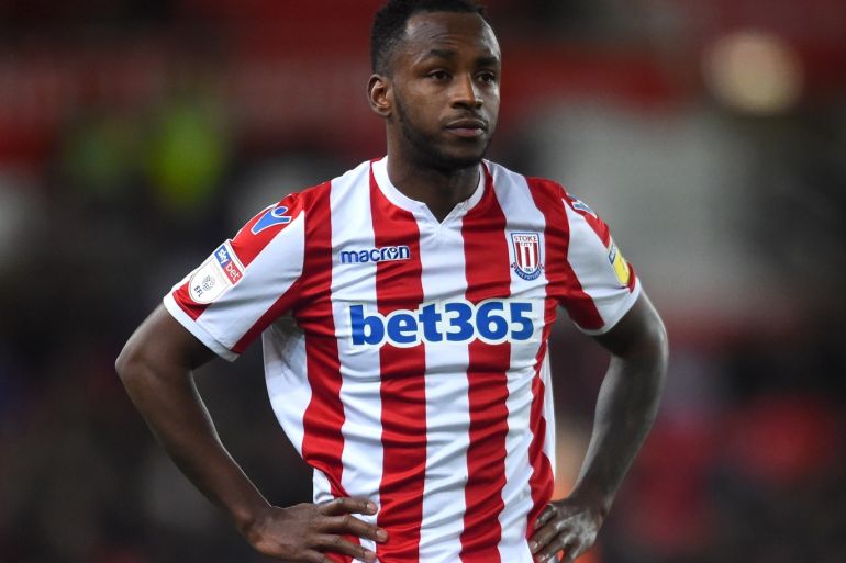 STOKE ON TRENT, ENGLAND - JANUARY 01: Saido Berahino of Stoke City looks dejected during the Sky Bet Championship match between Stoke City and Bristol City at Bet365 Stadium on January 01, 2019 in Stoke on Trent, England. (Photo by Nathan Stirk/Getty Images)