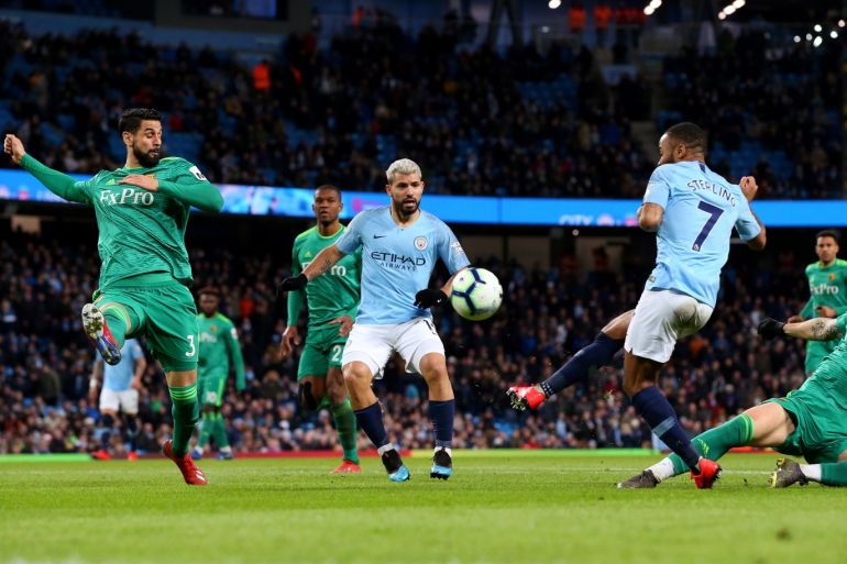 MANCHESTER, ENGLAND - MARCH 09: Raheem Sterling of Manchester City scores his team's first goal during the Premier League match between Manchester City and Watford FC at Etihad Stadium on March 09, 2019 in Manchester, United Kingdom. (Photo by Alex Livesey/Getty Images)