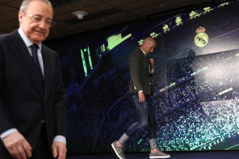 Soccer Football - Real Madrid Press Conference - Santiago Bernabeu, Madrid, Spain - March 11, 2019 New Real Madrid coach Zinedine Zidane and Real Madrid president Florentino Perez during the press conference REUTERS/Susana Vera