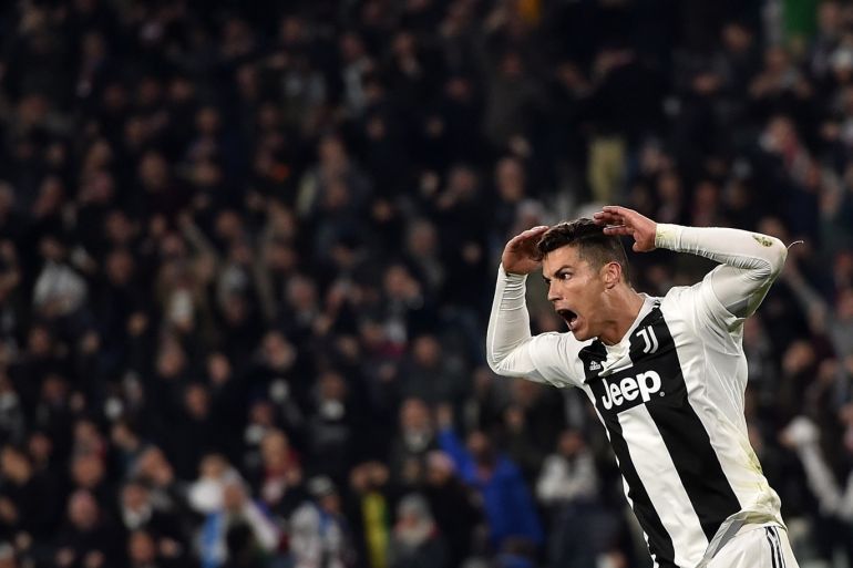 TURIN, ITALY - MARCH 12: Cristiano Ronaldo of Juventus celebrates after scoring the opening goal during the UEFA Champions League Round of 16 Second Leg match between Juventus and Club de Atletico Madrid at Allianz Stadium on March 12, 2019 in Turin, Italy. (Photo by Tullio M. Puglia/Getty Images)