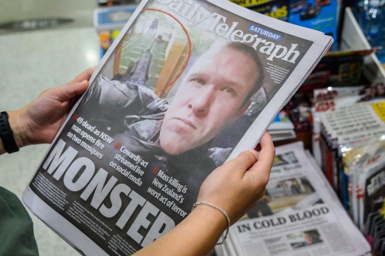 SYDNEY, AUSTRALIA - MARCH 16: Australian newspaper front pages showing coverage of the Terror Attack in Christchurch. At least 49 people are confirmed dead, with more than 40 people injured following attacks on two mosques in Christchurch, New Zealand on Friday afternoon. 41 of the victims were killed at Al Noor mosque on Deans Avenue and seven died at Linwood mosque. Another victim died later in Christchurch hospital. Three people are in custody over the mass shootings