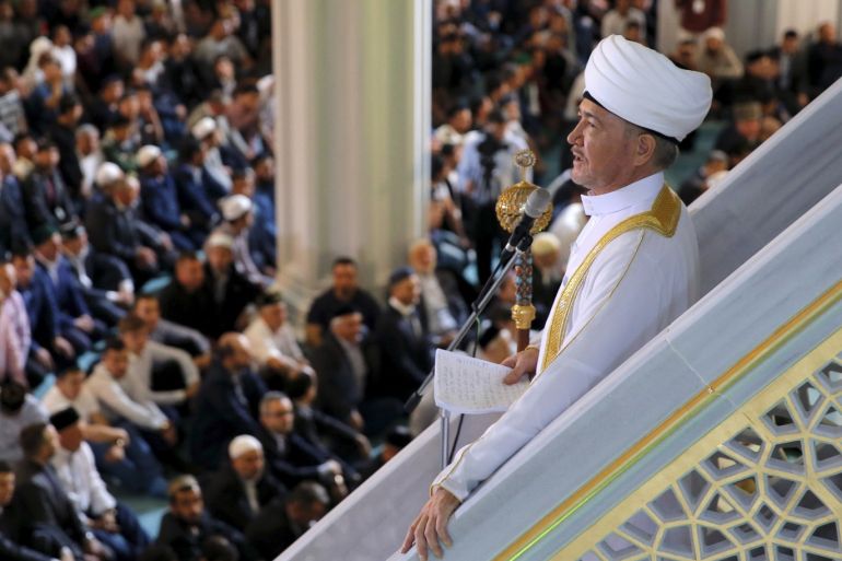 Chairman of the Council of Muftis of Russia Ravil Gainutdin addresses people who gather to attend an Eid al-Adha (Kurban Bairam) mass prayer inside Moscow's new grand mosque in Russia, September 24, 2015. Muslims around the world celebrate Eid al-Adha to mark the end of the haj pilgrimage by slaughtering sheep, goats, camels and cows to commemorate Prophet Abraham's willingness to sacrifice his son, Ismail, on God's command. The new Moscow Cathedral Mosque, which can
