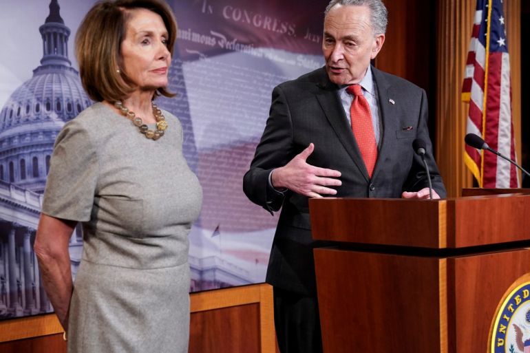 Speaker of the House Nancy Pelosi (D-CA) and Senate Minority Leader Chuck Schumer (D-NY) speak after U.S. President Donald Trump announced a deal to end the partial government shutdown on Capitol Hill in Washington, U.S., January 25, 2019. REUTERS/Joshua Roberts