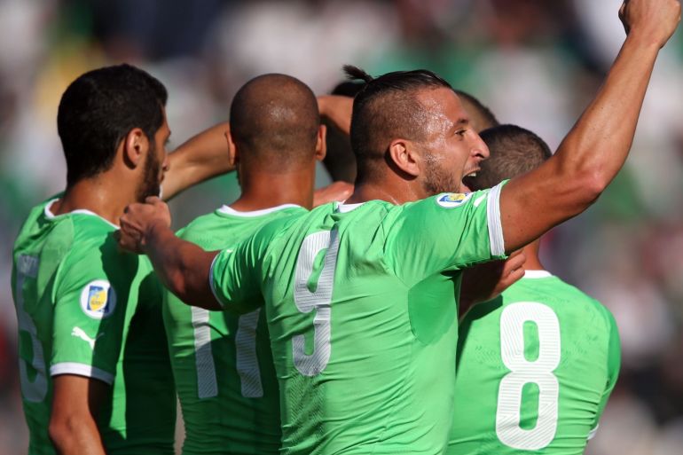 SION, SWITZERLAND - MAY 31: Nabil Ghilas of Algeria celebrates the first scored goal during the international friendly match between Algeria and Armenia at Estadio Tourbillon on May 31, 2014 in Sion, Switzerland. (Photo by Philipp Schmidli/Getty Images)