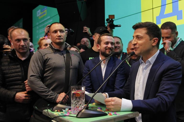 Ukrainian presidential election in Kiev- - KIEV, UKRAINE - APRIL 21: Ukrainian presidential candidate Volodymyr Zelenskiy is seen following the announcement of an exit poll in a presidential election at his campaign headquarters in Kiev, Ukraine on April 21, 2019.