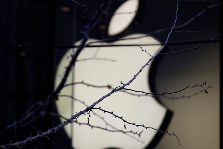 An Apple company logo is seen behind tree branches outside an Apple store in Beijing, China December 14, 2018. REUTERS/Jason Lee