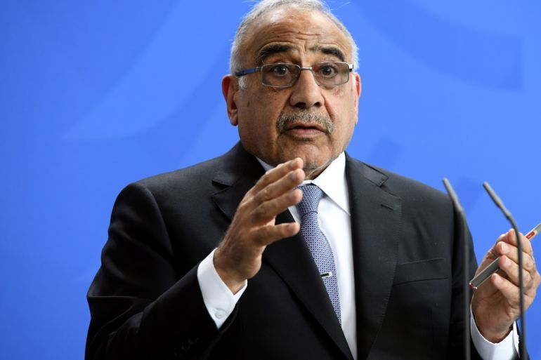 Iraqi Prime Minister Adil Abdul-Mahdi speaks during a news conference with German Chancellor Angela Merkel (not pictured) at the Chancellery in Berlin, Germany, April 30, 2019. REUTERS/Annegret Hilse