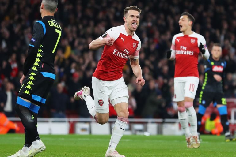 LONDON, ENGLAND - APRIL 11: Aaron Ramsey of Arsenal celebrates scoring his teams first goal of the game during the UEFA Europa League Quarter Final First Leg match between Arsenal and S.S.C. Napoli at Emirates Stadium on April 11, 2019 in London, England. (Photo by Catherine Ivill/Getty Images)