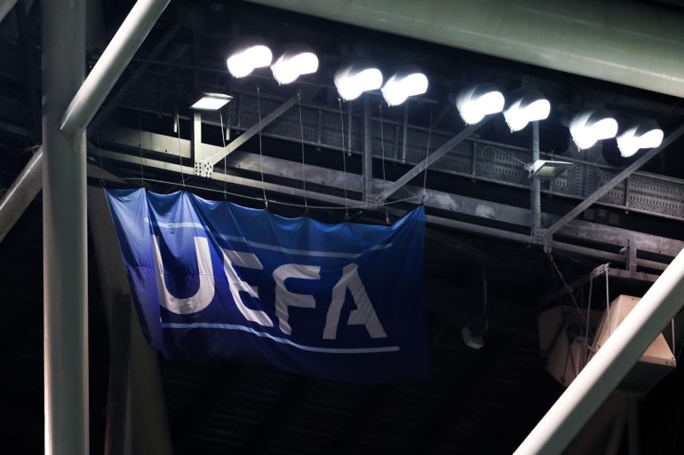 DUBLIN, IRELAND - MARCH 26: General view of UEFA flag during the 2020 UEFA European Championships group D qualifying match between Republic of Ireland and Georgia at Aviva Stadium on March 26, 2019 in Dublin, Ireland. (Photo by Catherine Ivill/Getty Images)